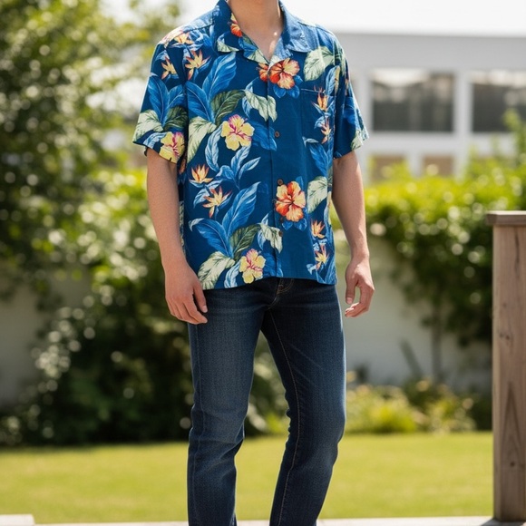 Tommy Bahama 100% Silk Men XXL Hawaiian Shirt Blue Floral Camp Button Front - Picture 2 of 12